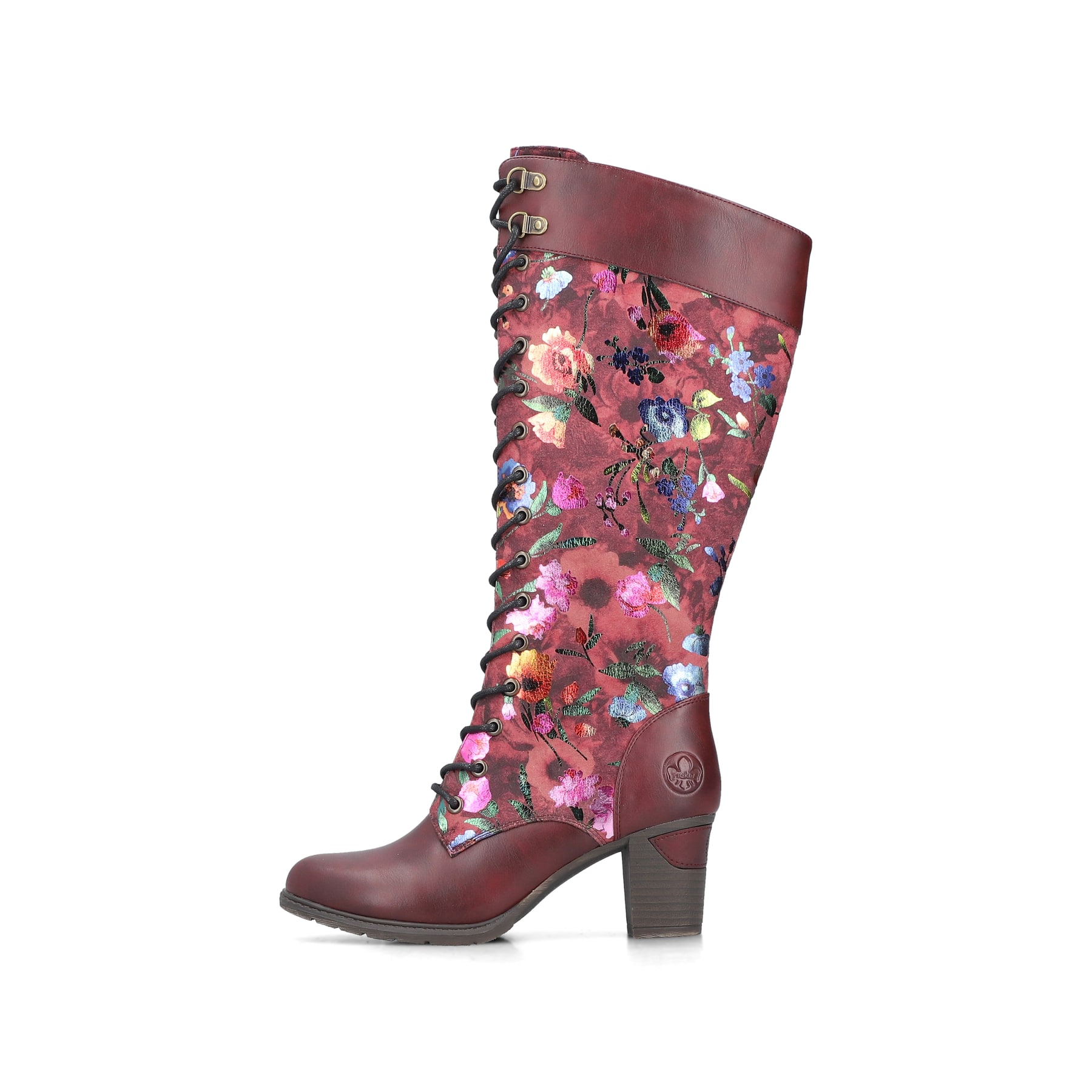 Bordeauxfarbene Rieker Damen Schnürstiefel 96040-90 mit floralem Aufdruck. Schuh Außenseite.