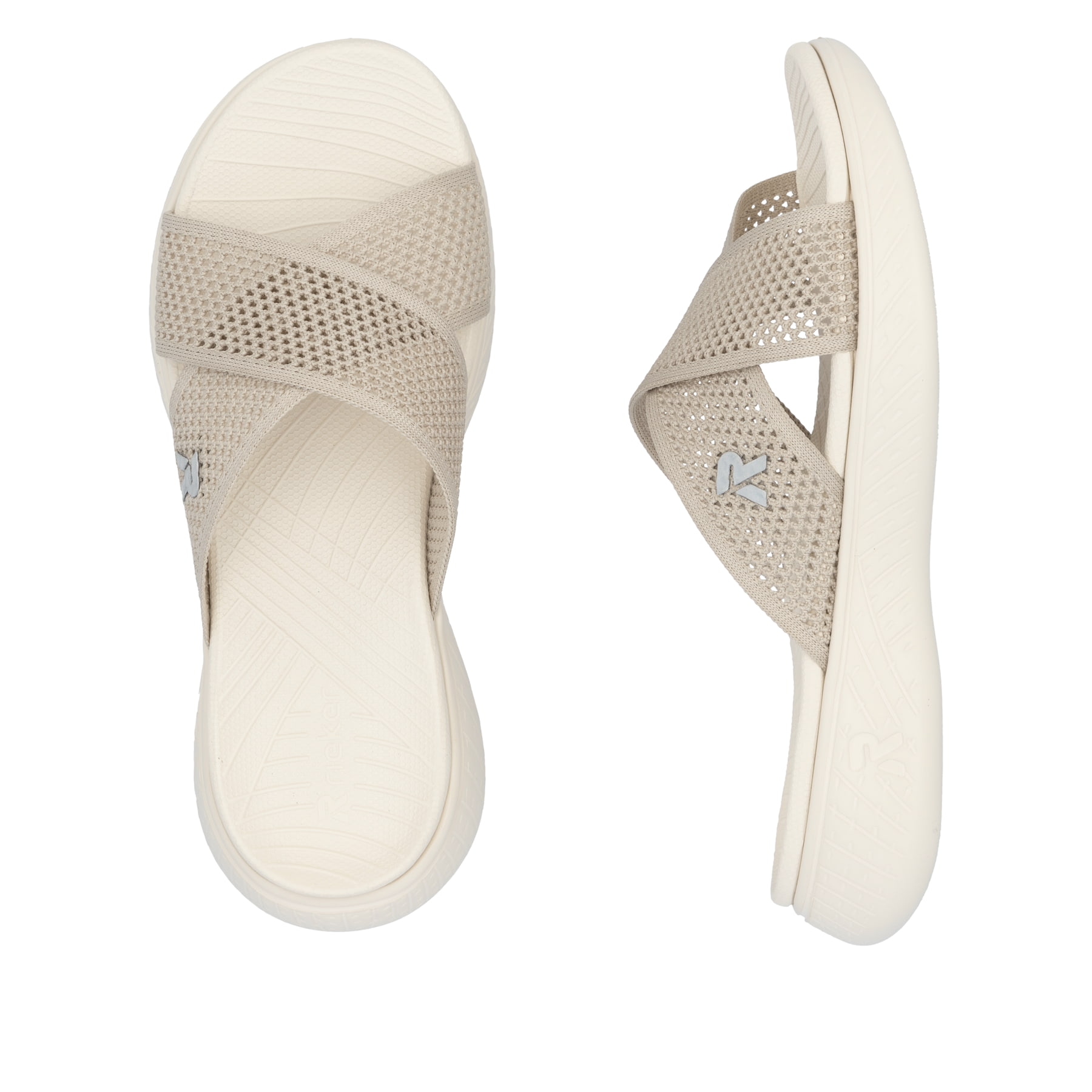 Beige vegane Rieker Damen Pantoletten V2105-60 mit einer ultraleichten Sohle. Schuh von oben, liegend.