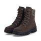 Dunkelbraune Rieker Damen Schnürstiefel X8233-25 aus Rauleder. Schuhpaar seitlich schräg.