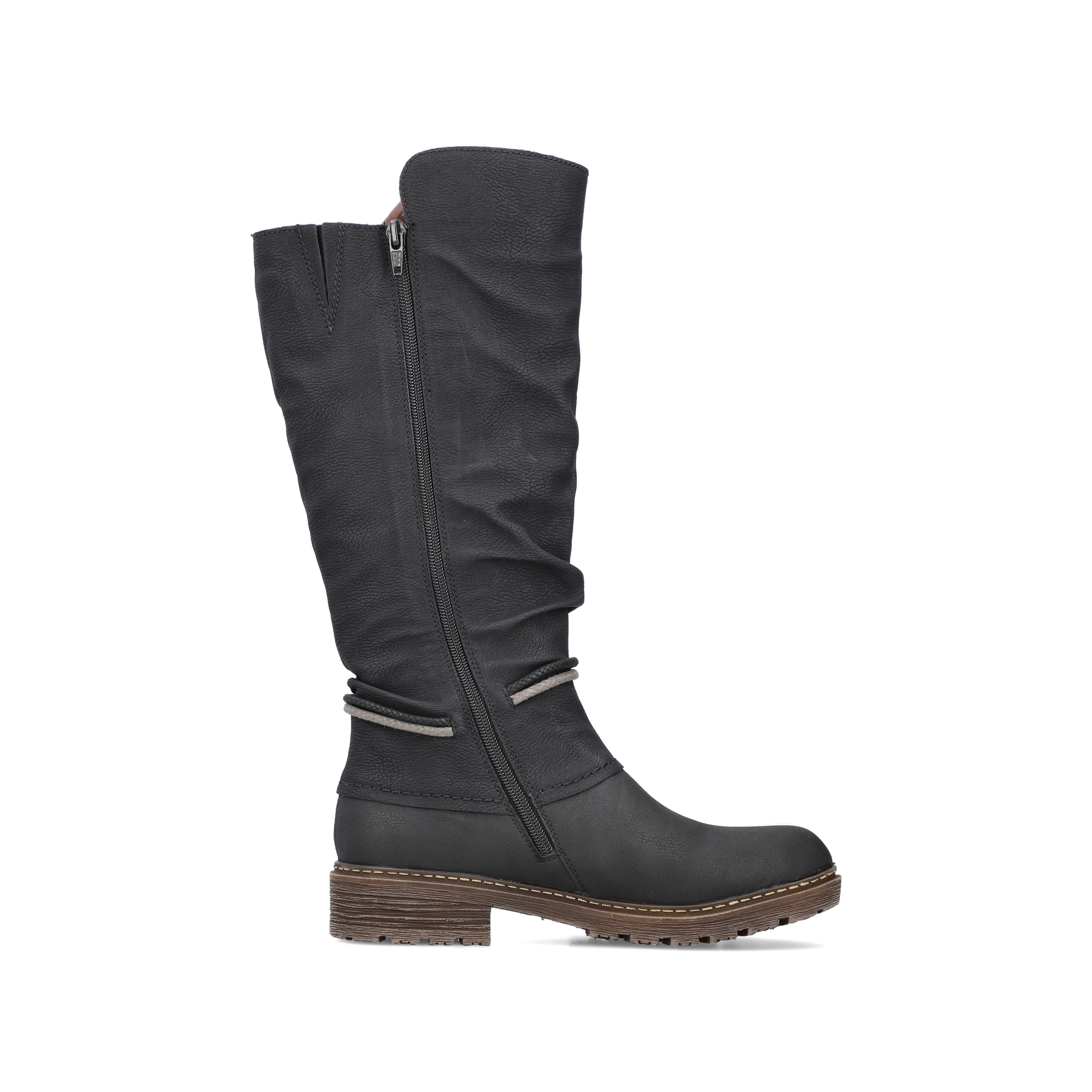 Tiefschwarze Rieker Damen Hochschaftstiefel Z4759-01 mit einer robusten Profilsohle. Schuh Innenseite