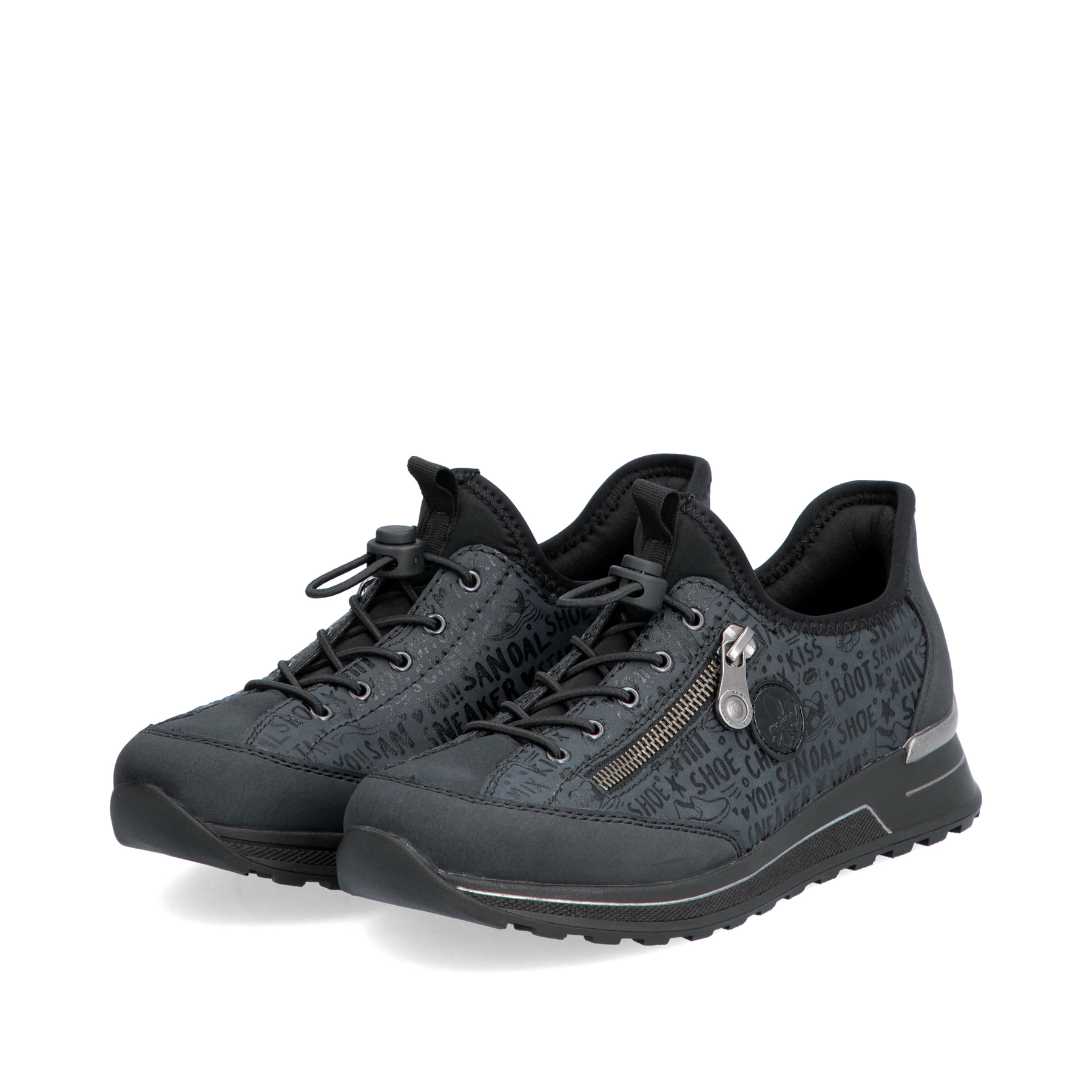 Petrolfarbene Rieker Damen Slipper N1455-14 mit easy Hineinschlüpf-Möglichkeit. Schuhpaar seitlich schräg.