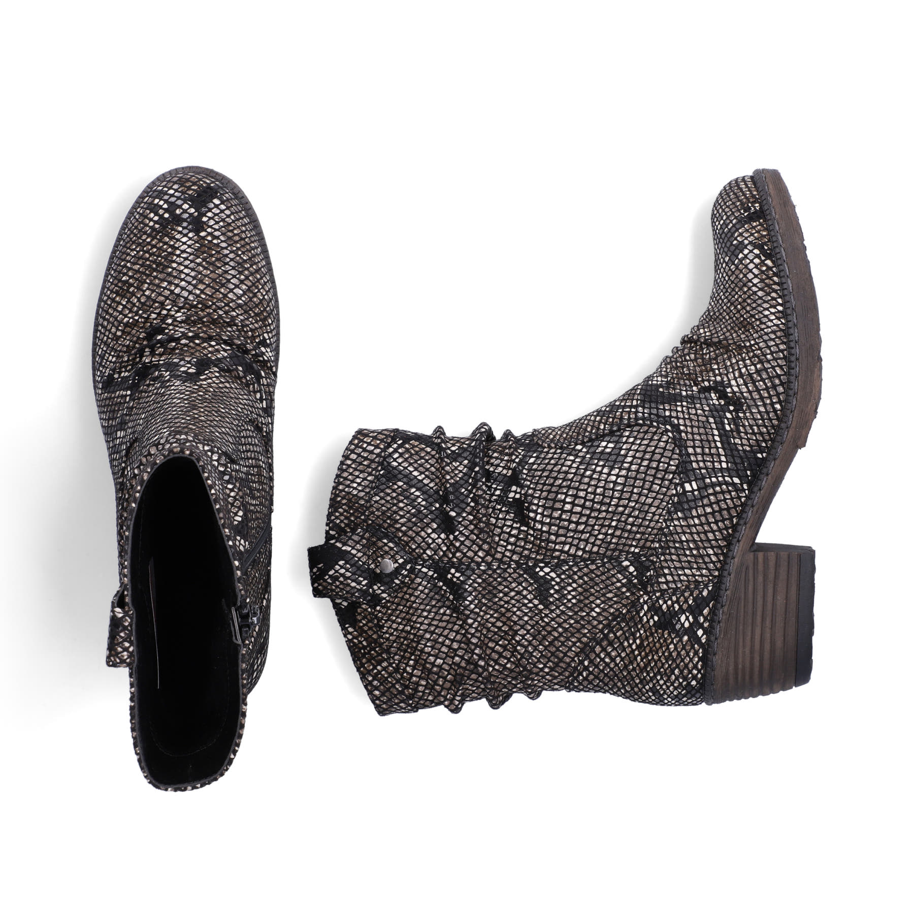 Schwarz-braune Rieker Damen Kurzstiefel 93770-27 mit einem Reißverschluss. Schuh von oben, liegend.