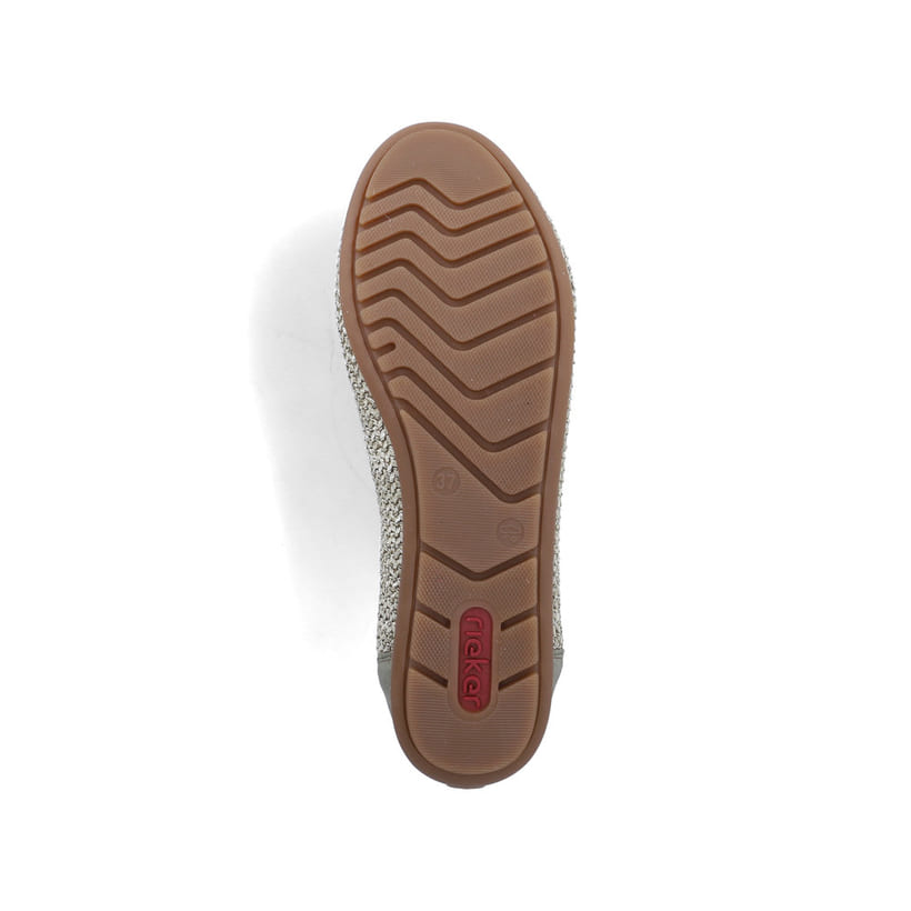 Khakifarbene Rieker Ballerinas 43850-52 mit dekorativer Schleife. Schuh Laufsohle.