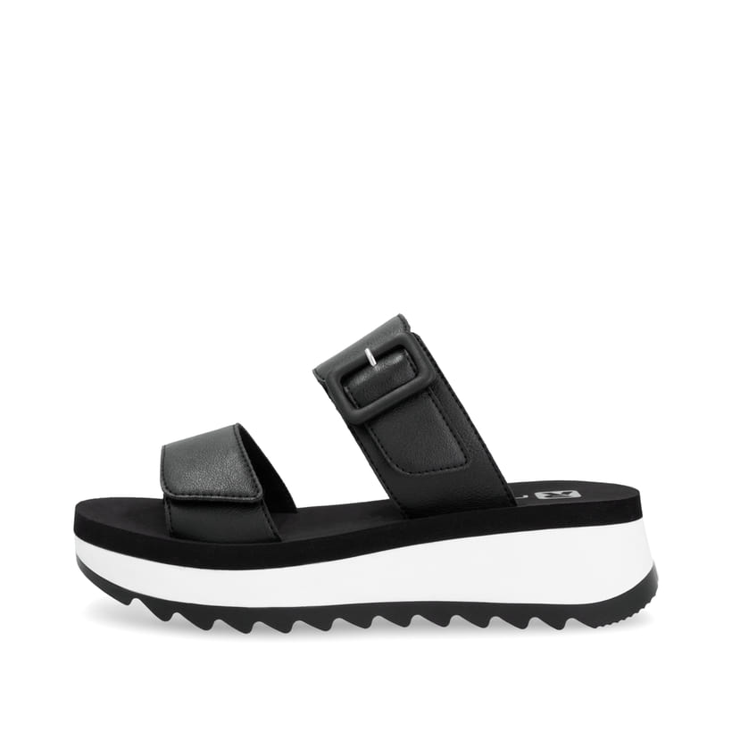 Schwarze Rieker Damen Pantoletten W3050-00 mit einem Klettverschluss. Schuh Außenseite.