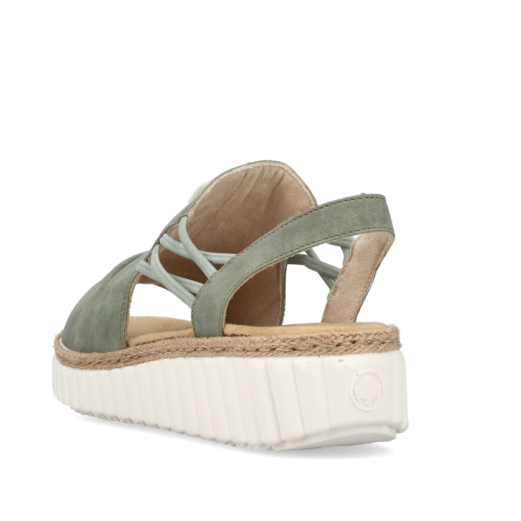 Grüne Rieker Keilsandaletten 69262-52 mit modischen Raffungen sowie Gummizug. Schuh von hinten.