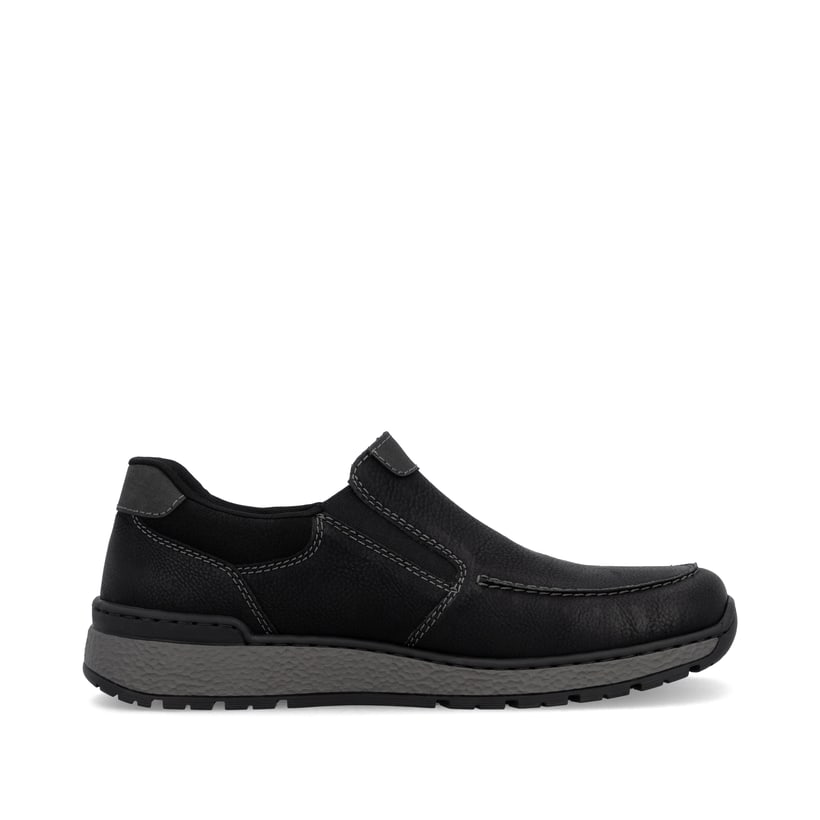 Mocassins Rieker noirs pour homme B9062-00 avec bande élastique. Chaussure vue de l'arrière.