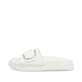 Weiße Rieker Damen Pantoletten W1453-80 mit Gummizug sowie trendigen Schnalle. Schuh Außenseite.