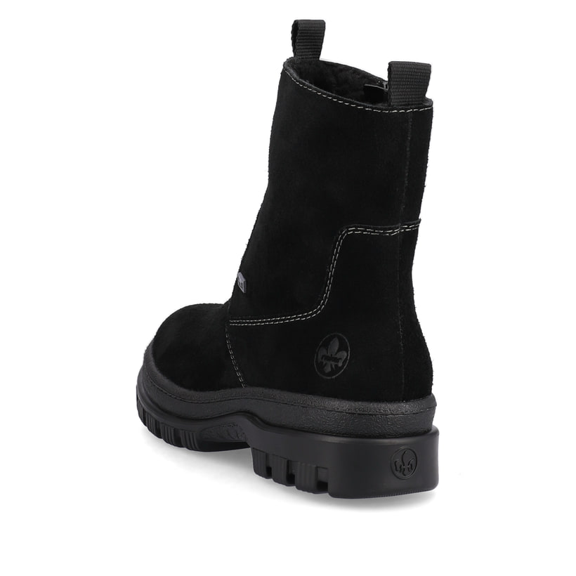 Tiefschwarze Rieker Damen Kurzstiefel X8250-00 mit Flip-Grip Sohle. Schuh von hinten.