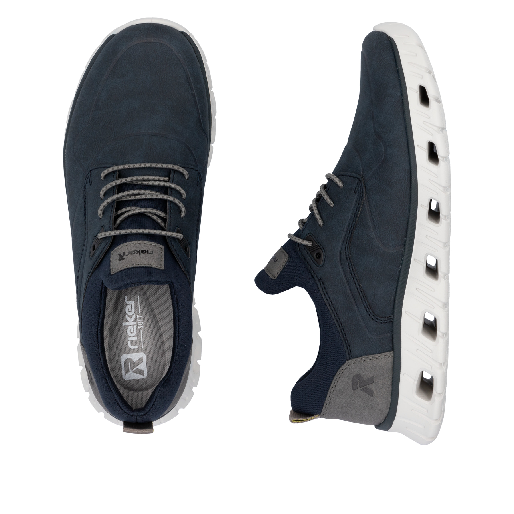 Blaue Rieker Herren Sneaker Low 04350-14 mit Gummizug sowie ultraleichter Sohle. Schuh von oben, liegend.