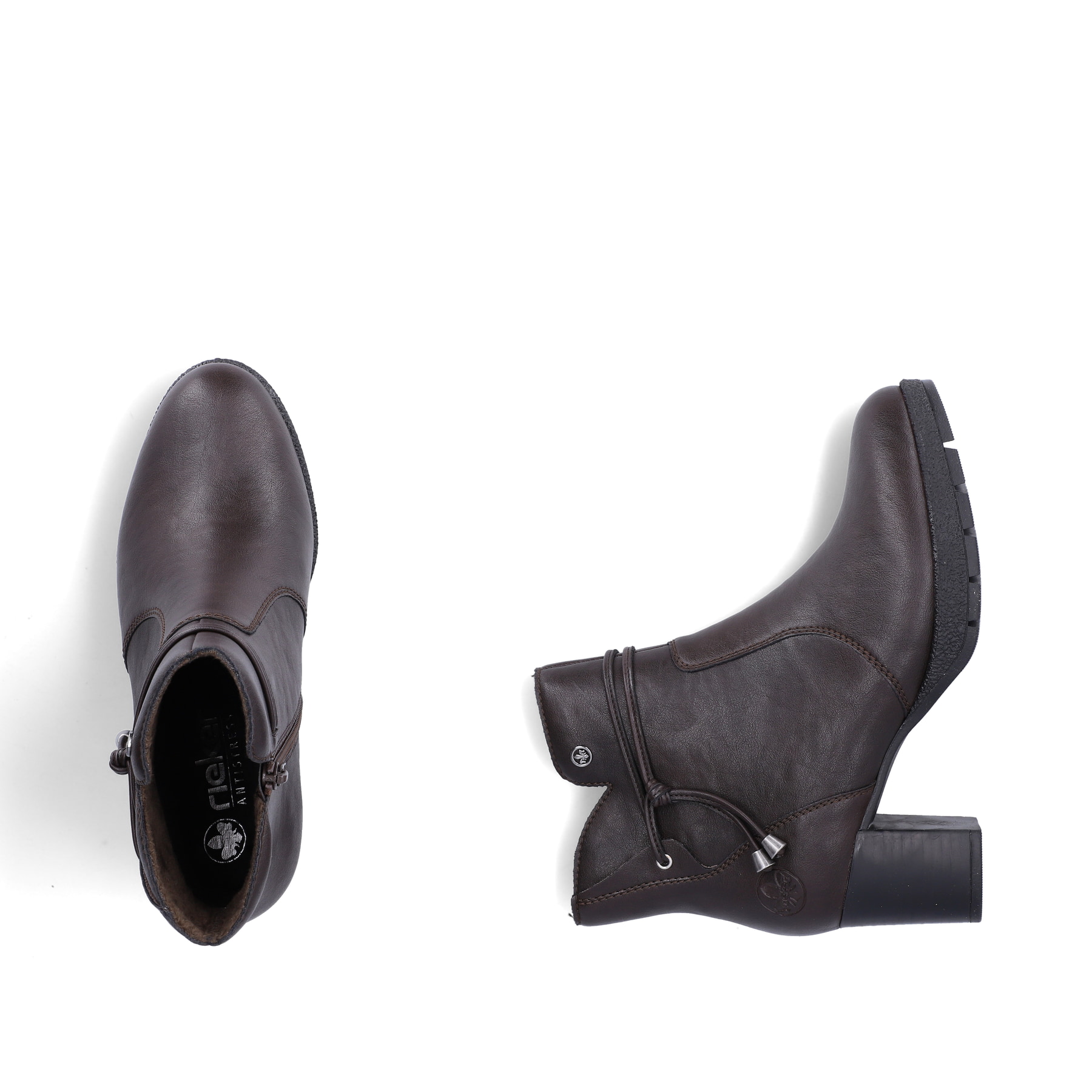 Dunkelbraune Rieker Damen Stiefeletten 77667-25 mit dekorativer Kordel. Schuh von oben, liegend.