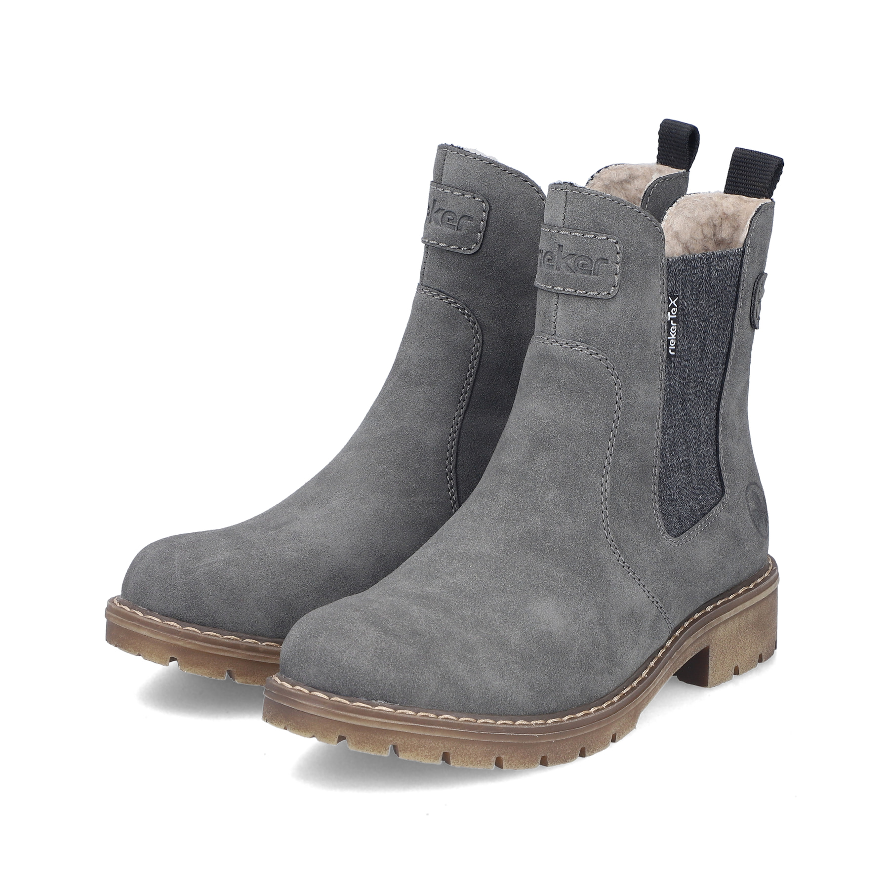 Dunkelgraue Rieker Damen Chelsea Boots Y9160-45 mit einem Reißverschluss. Schuhpaar seitlich schräg.