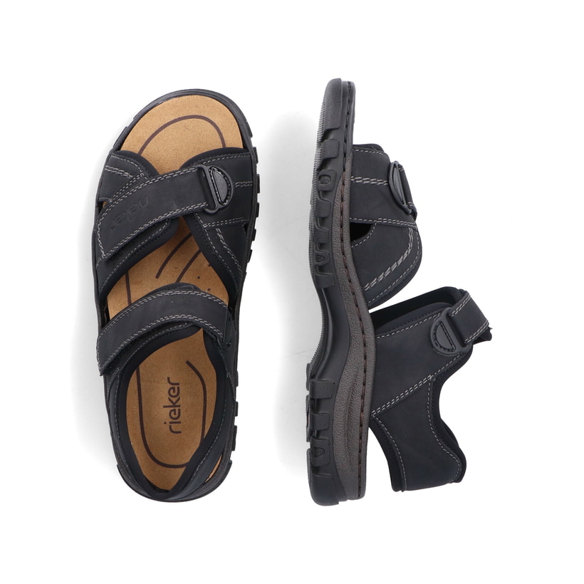 Schwarze Rieker Herren Trekkingsandalen 25051-03 mit einem Klettverschluss. Schuh von oben, liegend.
