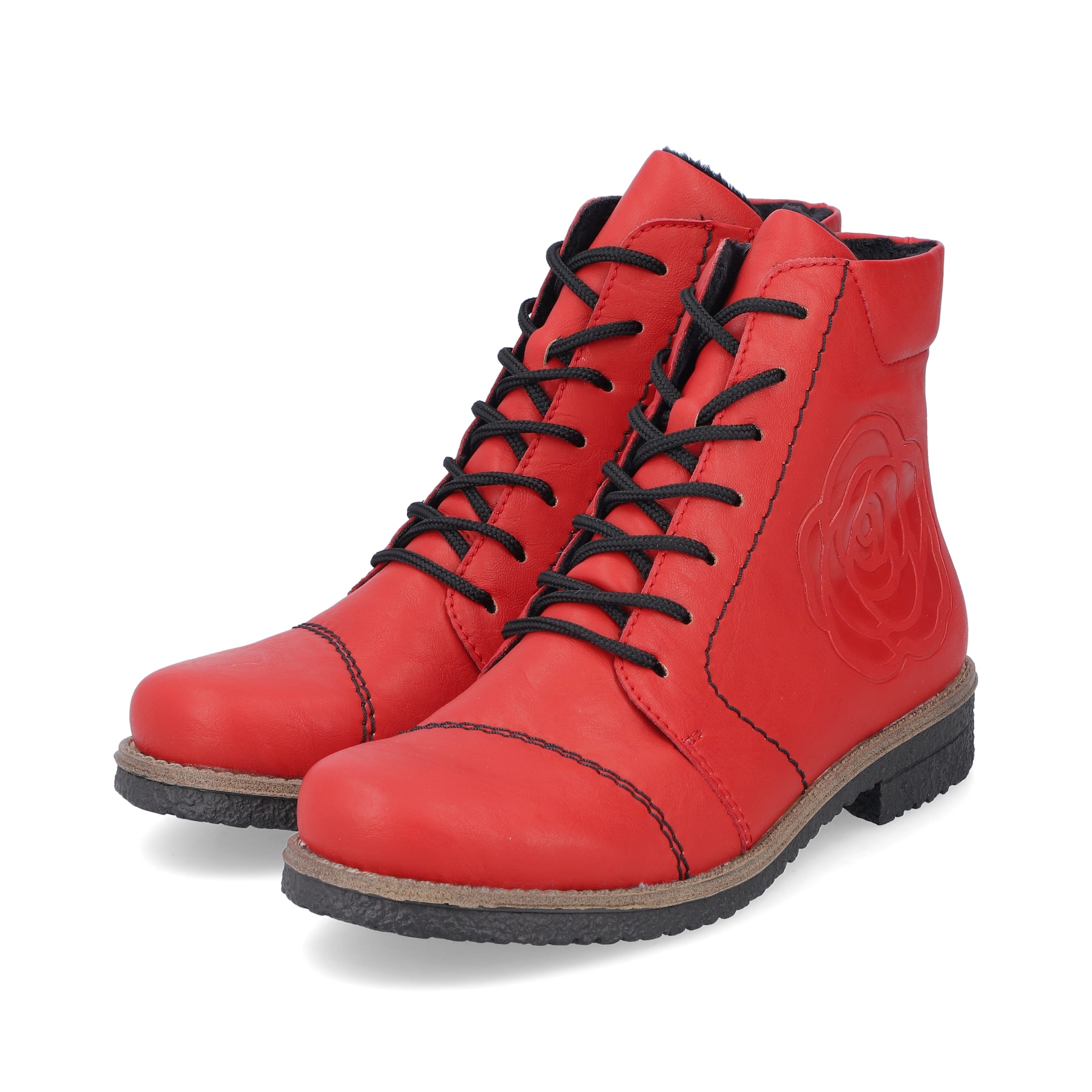 Erdbeerrote Rieker Damen Schnürstiefel 73504-33 mit einem Reißverschluss. Schuhpaar seitlich schräg.