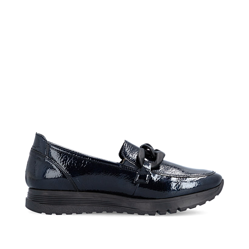 Dunkelblaue Rieker Damen Loafer 49051-14 mit Deko-Kette sowie einem Gummizug. Schuh Innenseite.