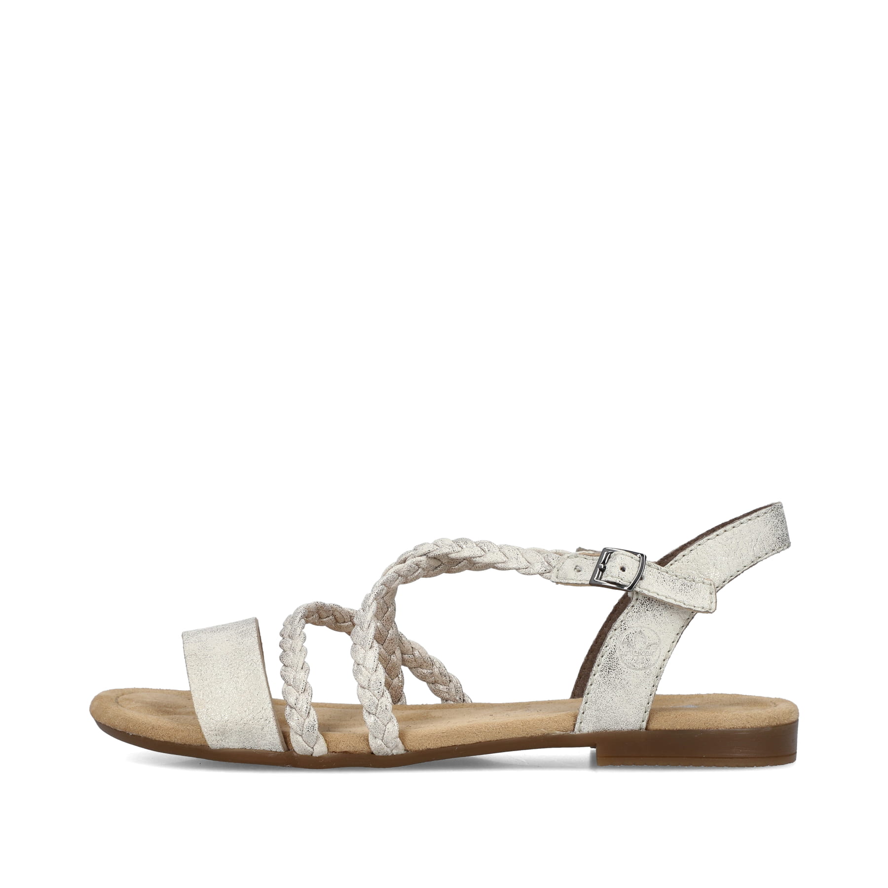 Beige Rieker Damen Riemchensandalen 65264-60 mit Schnalle sowie griffiger Sohle. Schuh Außenseite.