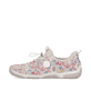 Mehrfarbige Rieker Damen Slipper 55967-90 mit floralem Muster sowie Gummizug. Schuh Außenseite.