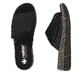 Schwarze Rieker Damen Pantoletten V2351-00 mit floralem Muster. Schuh von oben, liegend.