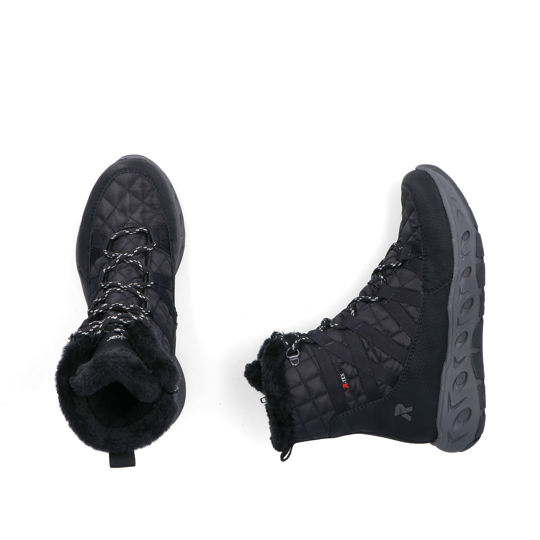 Schwarze Rieker Damen Schnürstiefel M6540-00 mit wasserabweisender TEX-Membran. Schuh von oben, liegend.