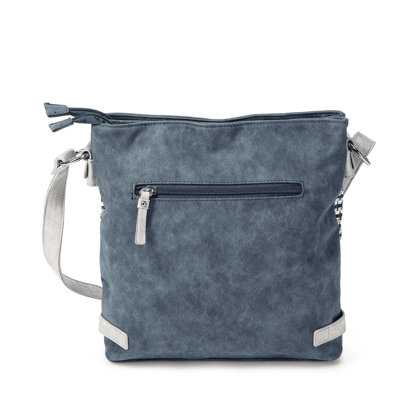 Sac à bandoulière Rieker H1346-16 bleu-combi avec un élément de design grossièrement tressé et trois compartiments intérieurs. Côté droit.