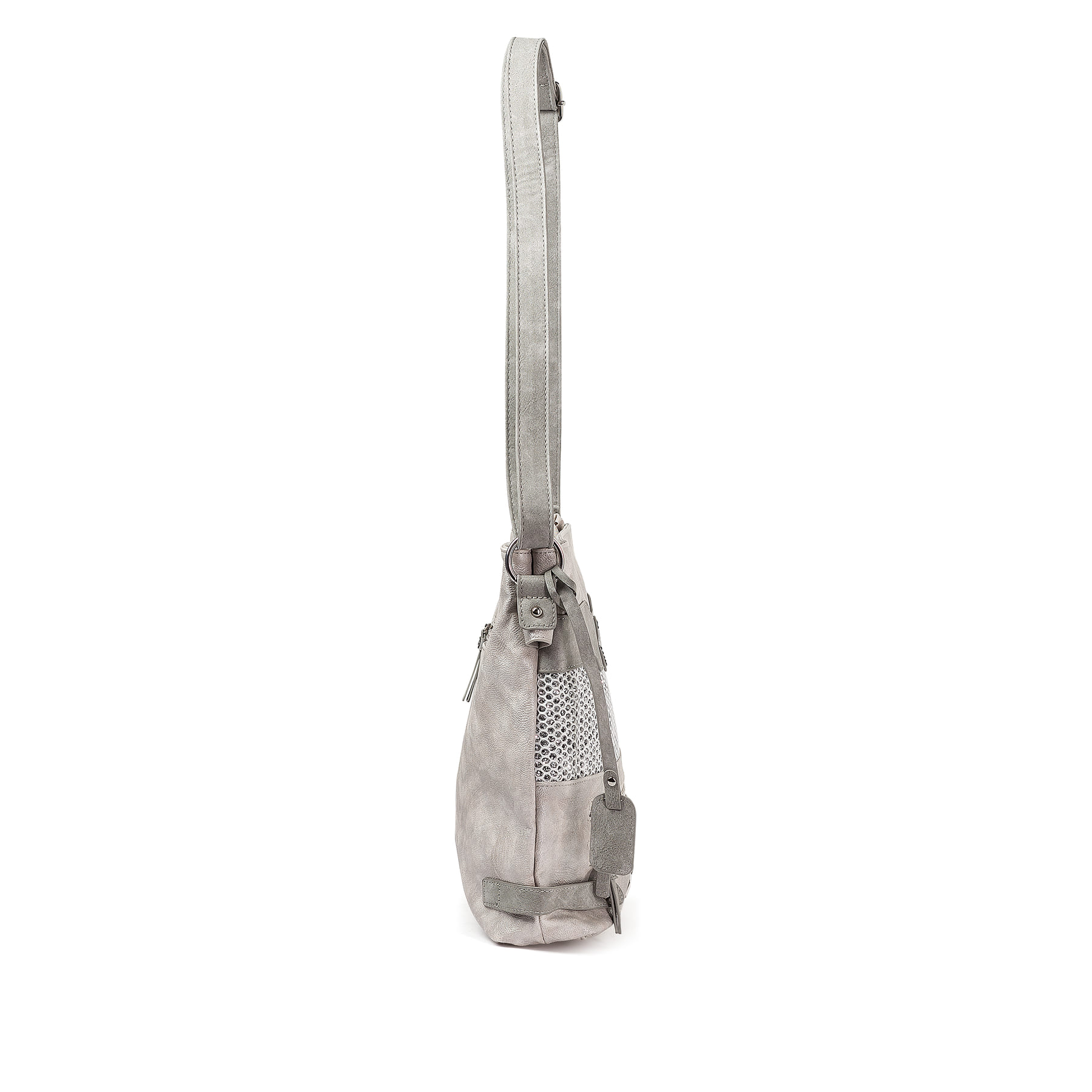Sac à bandoulière Rieker H1346-40 gris-combi avec des pierres précieuses et des compartiments pratiques à l'intérieur et à l'extérieur. Ouvert.
