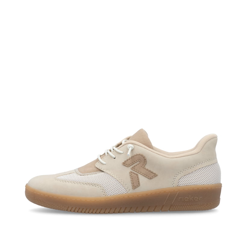 Beige Rieker Damen Slipper M5551-62 mit Gummizug sowie abriebfester Plateausohle. Schuh Außenseite.