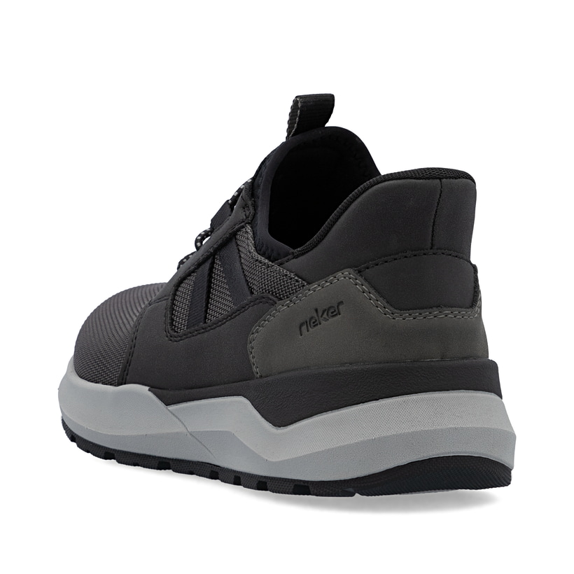 Schwarzgraue Rieker Herren Slipper 06051-00 mit easy Hineinschlüpf-Möglichkeit. Schuh von hinten.