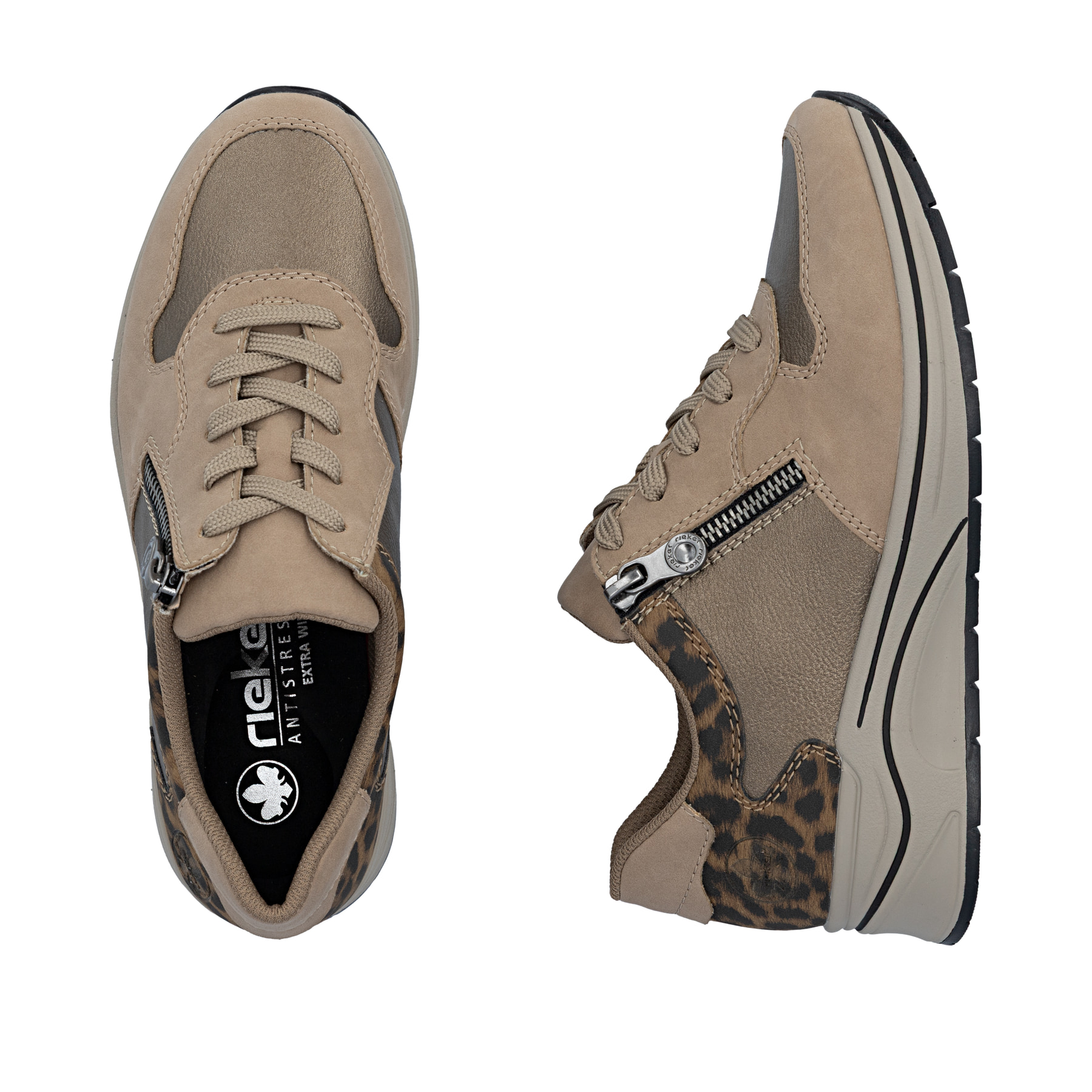 Baskets basses Rieker beiges pour femme N9503-20 avec imprimé léopard. Chaussure vue de dessus, couchée.