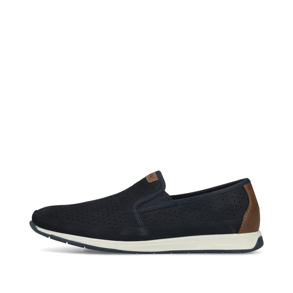 Blaue Rieker Herren Slipper 11955-14 aus Glattleder mit einem Gummizug. Schuh Außenseite.