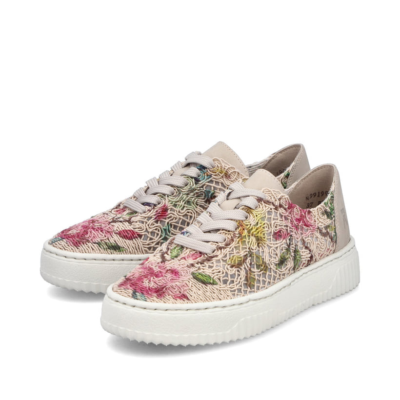 Mehrfarbige vegane Rieker Damen Sneaker Low N9919-91 mit floralem Muster. Schuhpaar seitlich schräg.