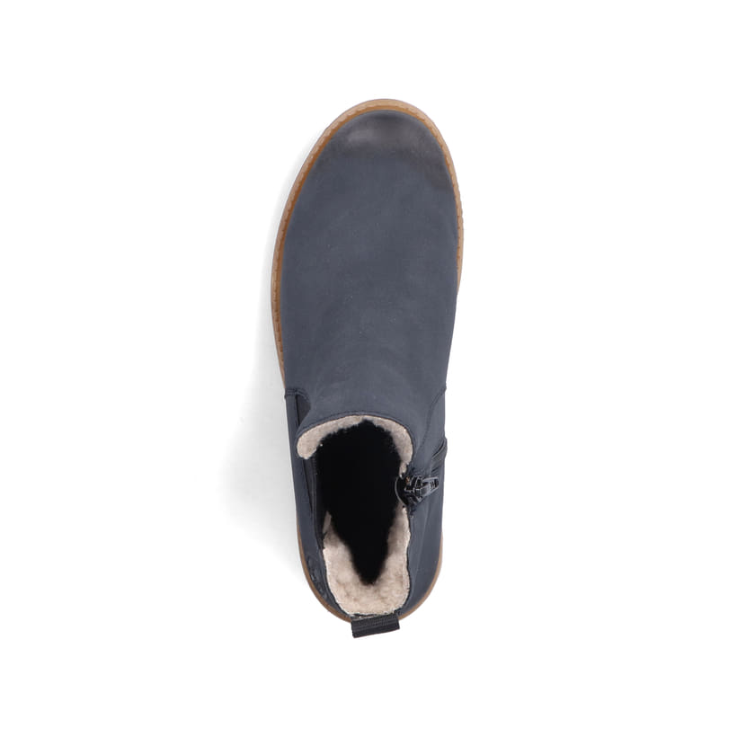Atlantikblaue Rieker Damen Chelsea Boots 73250-14 mit einem Reißverschluss. Schuh von oben.