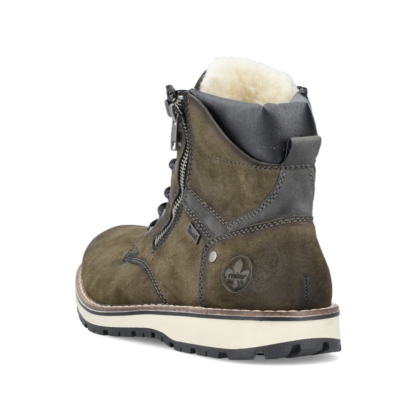 Olivgrüne Rieker Herren Schnürstiefel 38425-54 mit Schnürung und Reißverschluss. Schuh von hinten