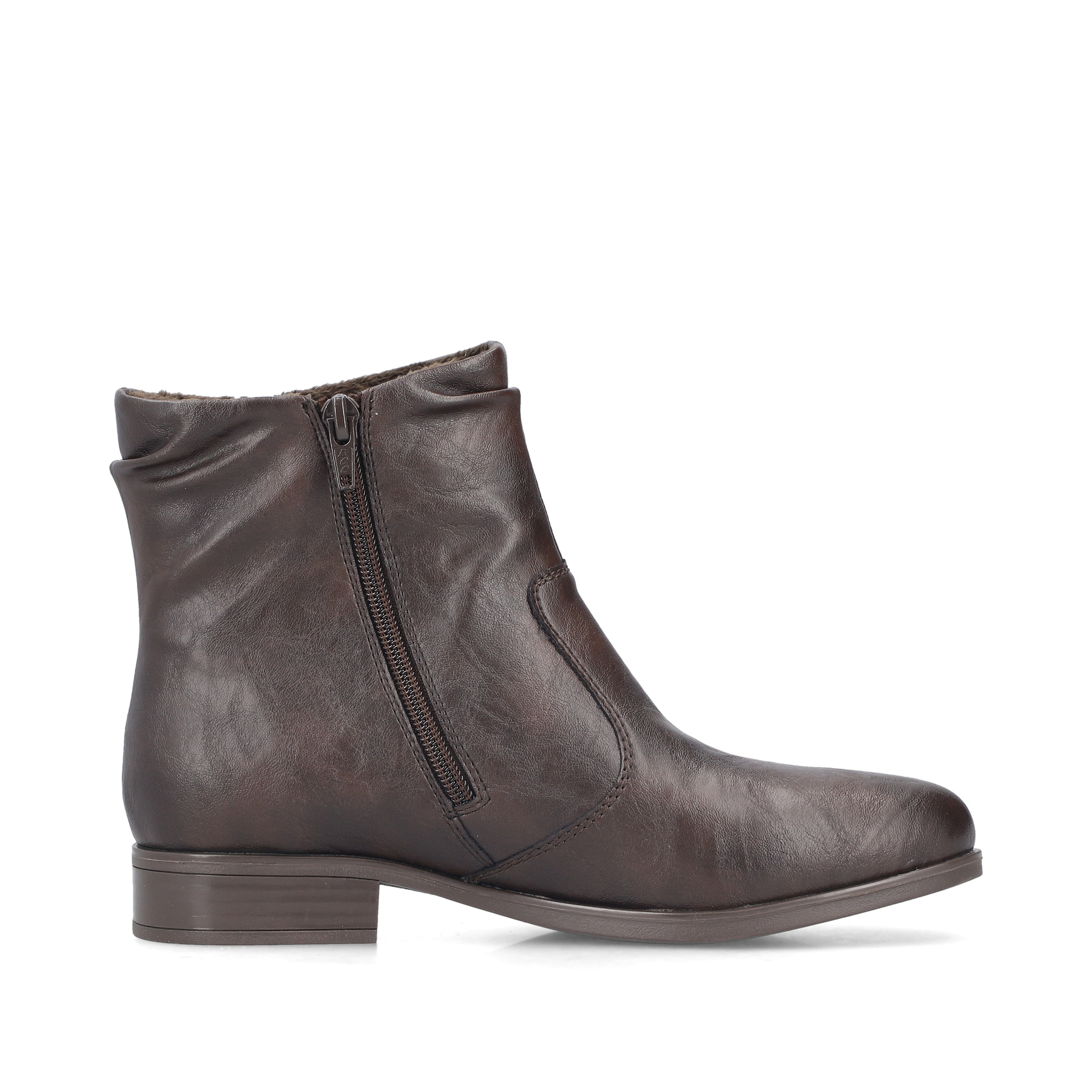 Dunkelbraune Rieker Damen Stiefeletten 77041-26 mit Zierelement. Schuh Innenseite.