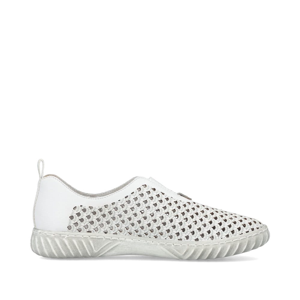 Chaussons Rieker blancs pour femme N0965-80 en optique Ã  trous. Intérieur de la chaussure.