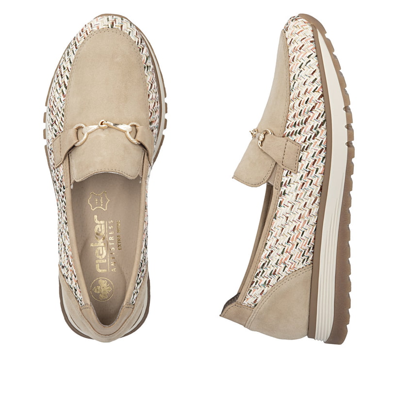 Mocassins Rieker beiges pour femme 49042-62 en cuir velours. Chaussure vue de dessus, couchée.