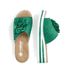 Grüne Rieker Damen Pantoletten V0252-52 mit dekorativer Blume. Schuh von oben, liegend.