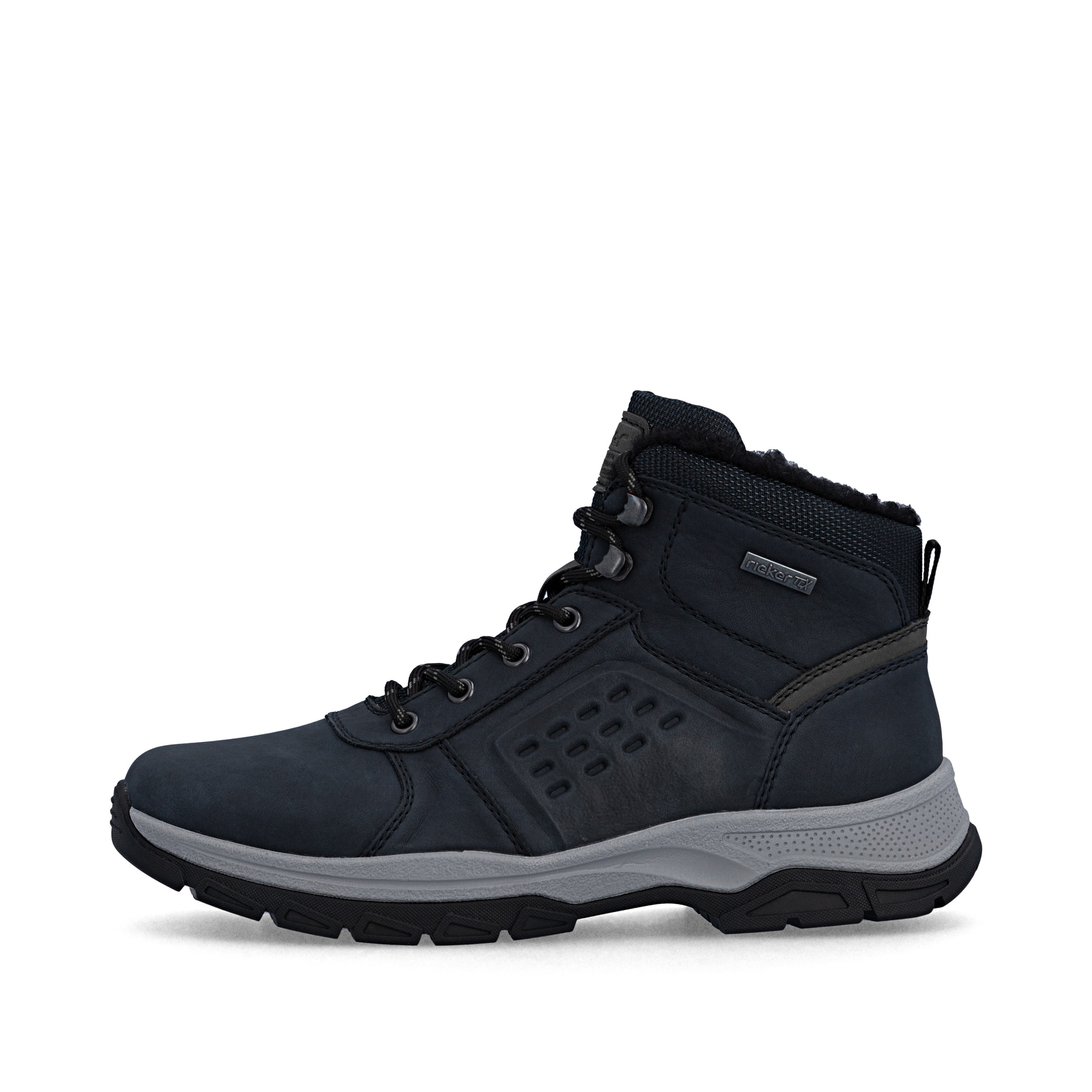 Dunkelblau-schwarze Rieker Herren Schnürstiefel 30201-14 mit Reißverschluss. Schuh Außenseite.