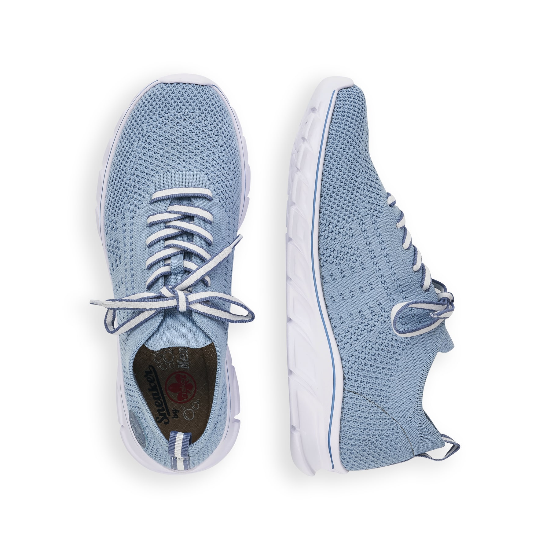 Blaue Rieker Damen Sneaker Low 54020-12 mit ultra leichter und flexibler Sohle. Schuh von oben, liegend.