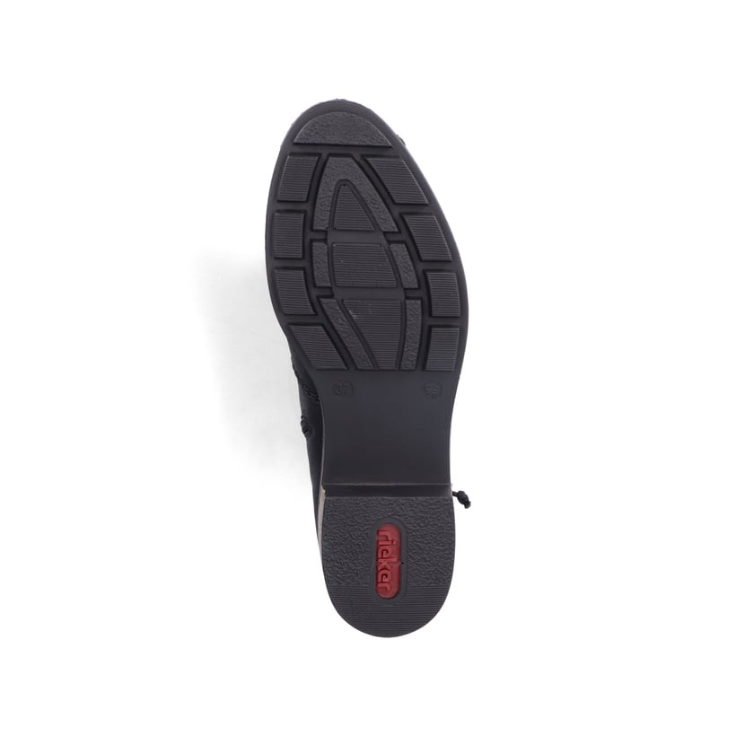 Schwarze Rieker Damen Stiefeletten 77263-00 mit dekorativer Kordel. Schuh Laufsohle.