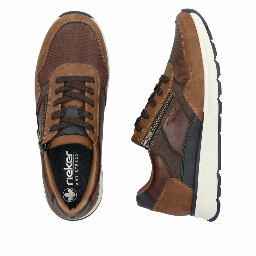 Braune Rieker Herren Sneaker Low B0701-24 mit einem Reißverschluss. Schuh von oben, liegend.