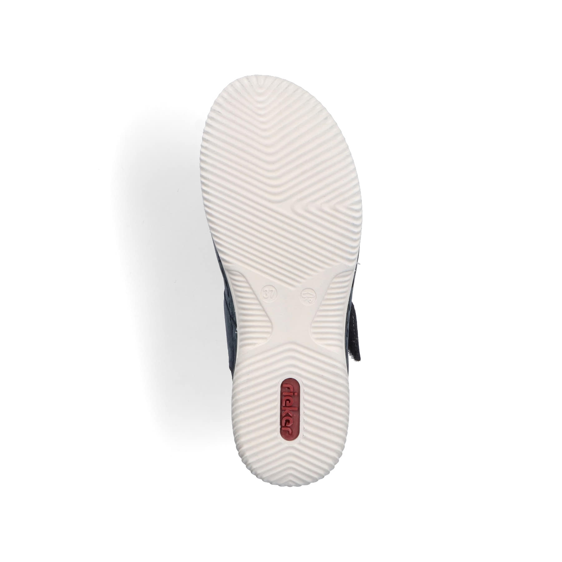 Stahlblaue Rieker Damen Riemchensandalen V7473-14 mit einem Klettverschluss. Schuh Außenseite gespiegelt.