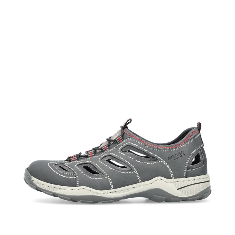 Graue Rieker Herren Slipper 08065-46 mit einem Gummizug sowie Komfortweite G. Schuh Außenseite.