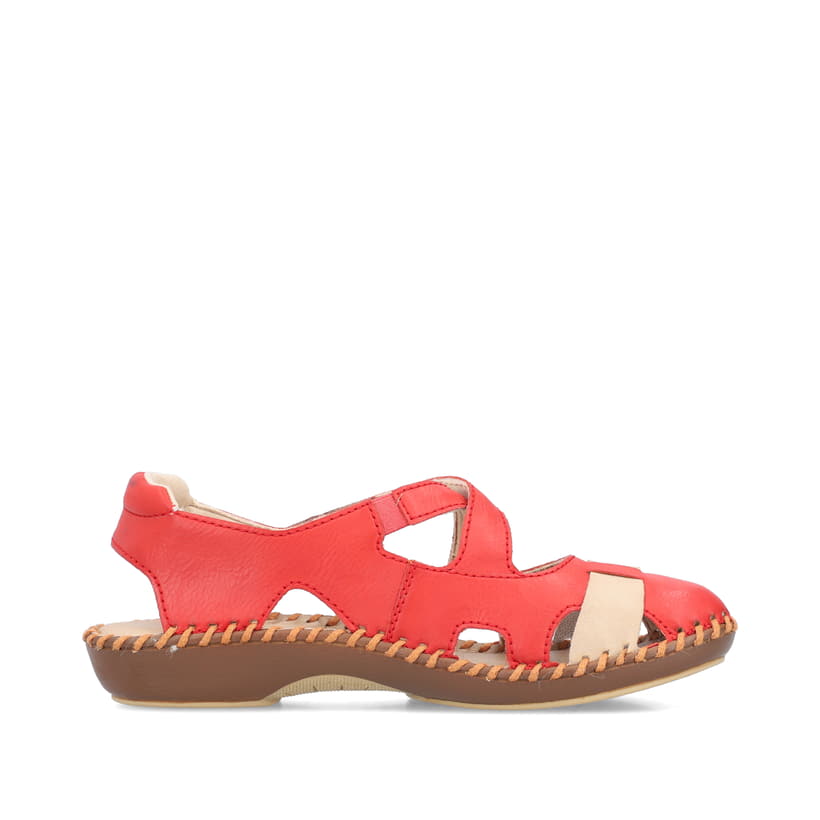 Rote Rieker Ballerinas M1677-33 mit einem Klettverschluss sowie Komfortweite G. Schuh Innenseite.