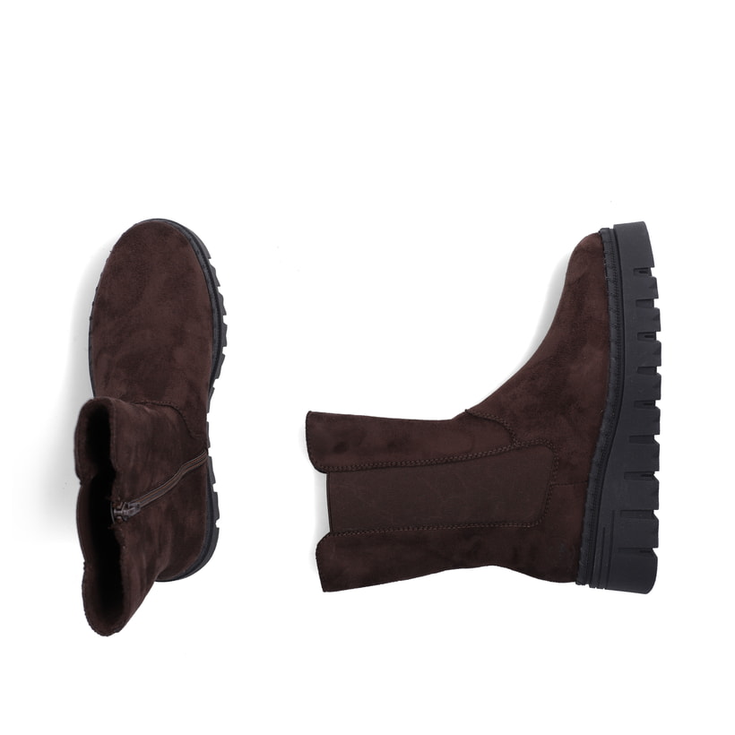 Dunkelbraune Rieker Damen Chelsea Boots Z8983-25 mit einem Reißverschluss. Schuh von oben, liegend.