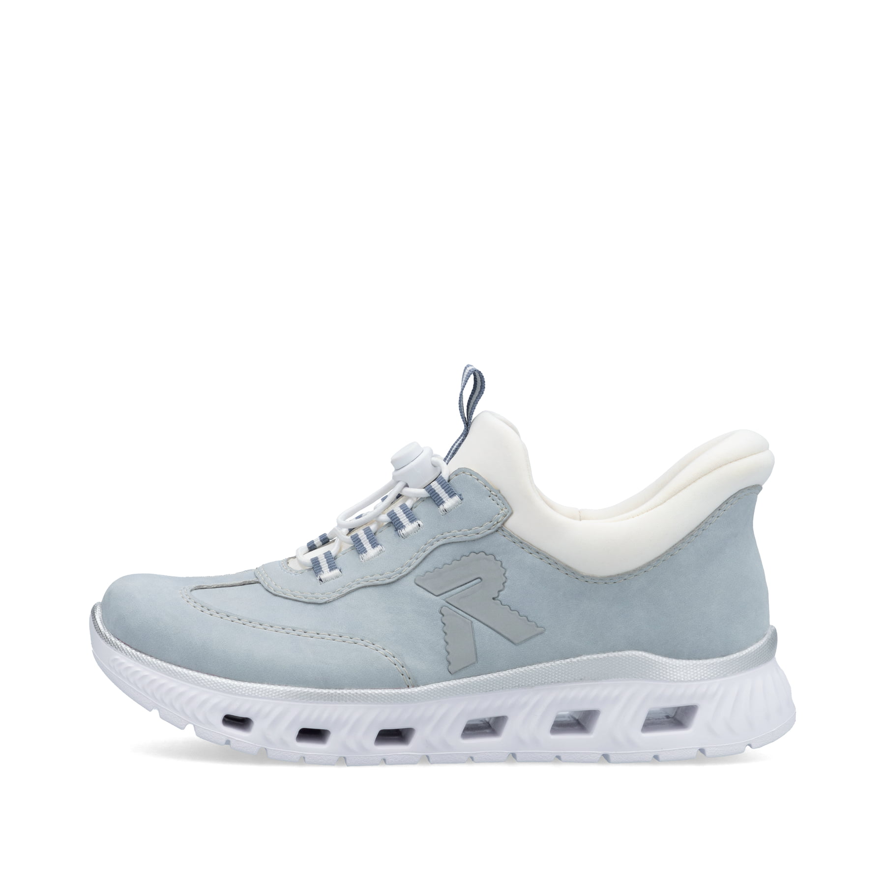 Baskets basses Rieker bleues pour femme M6071-12 avec bande élastique. Côté extérieur de la chaussure.