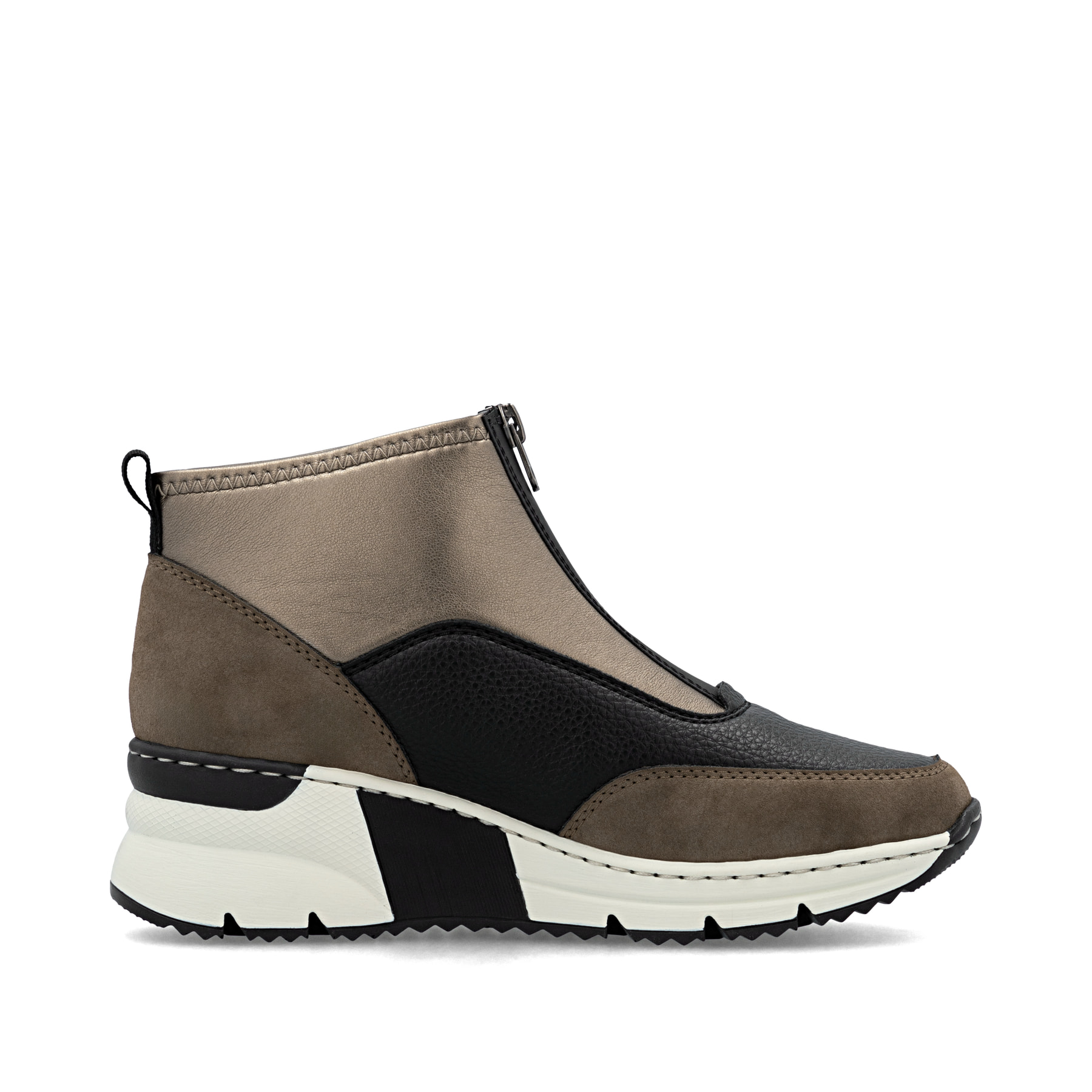 Braunschwarze Rieker Damen Sneaker High N6352-25 mit einem Reißverschluss. Schuh Innenseite.