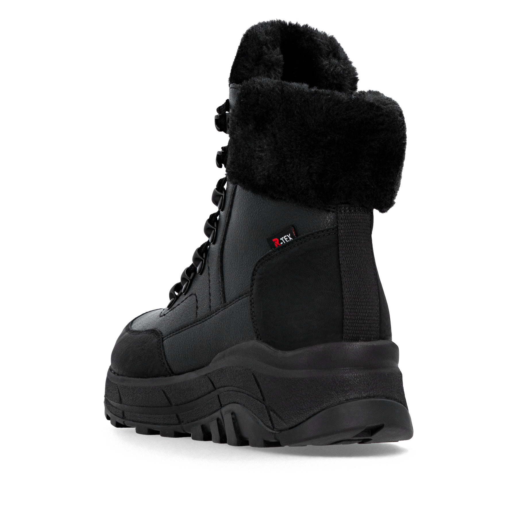 Schwarze Rieker Damen Schnürstiefel W0063-02 mit wasserabweisender TEX-Membran. Schuh von hinten.