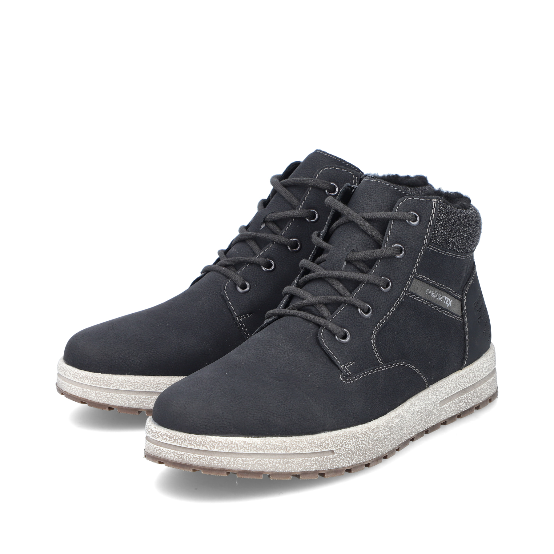 Asphaltschwarze Rieker Herren Schnürschuhe 30741-00 mit Schnürung und Reißverschluss. Schuhpaar schräg.