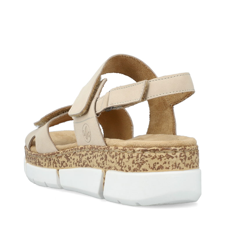 Beige Rieker Damen Riemchensandalen V2366-60 mit einem Klettverschluss. Schuh von hinten.