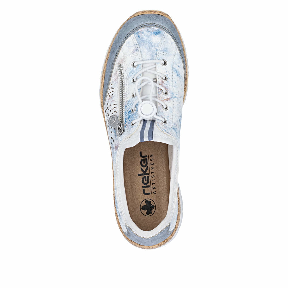 Mehrfarbige Rieker Damen Slipper N42K6-90 mit Deko-Reißverschluss sowie Gummizug. Schuh von oben.