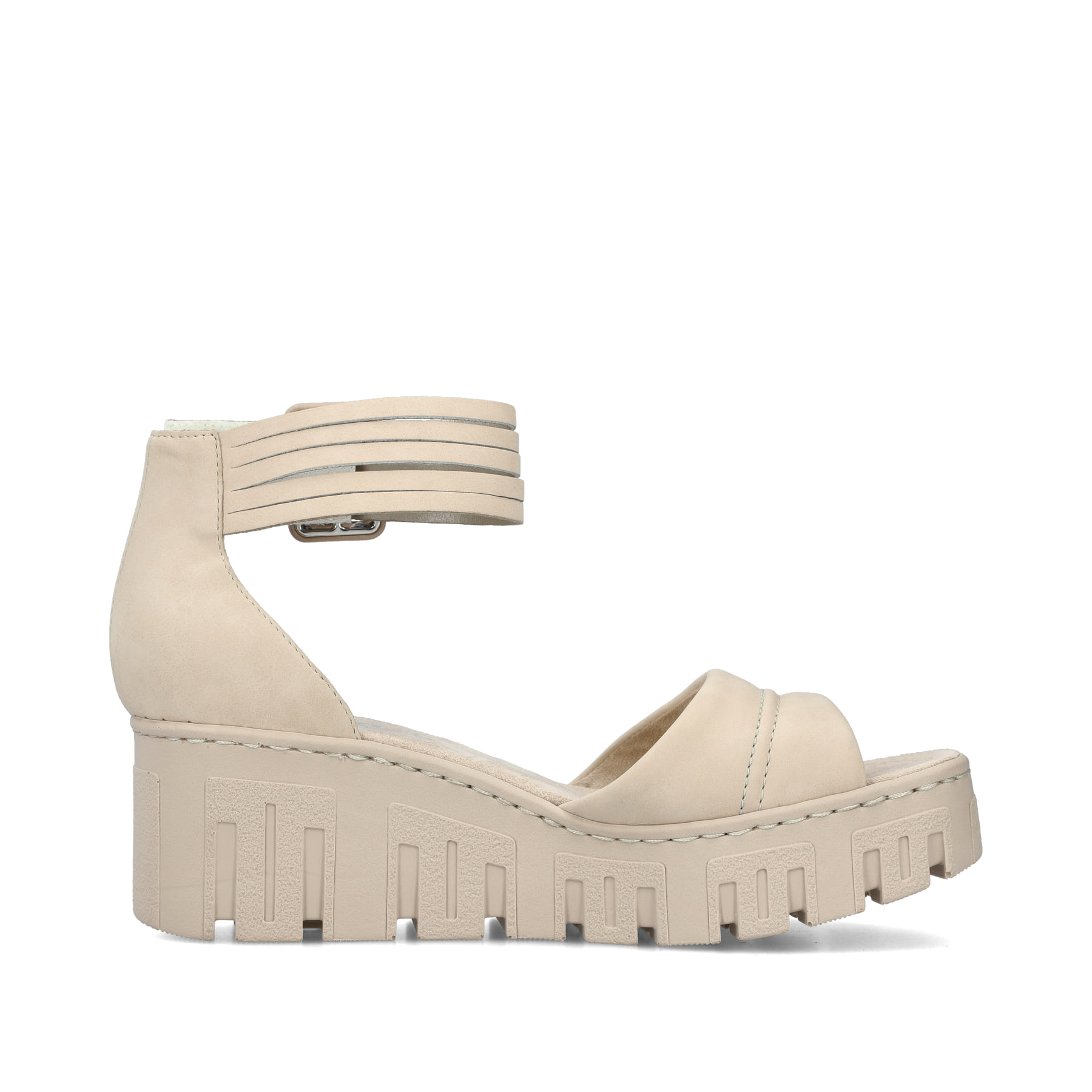 Beige vegane Rieker Keilsandaletten 68093-60 mit trendigen Schnalle. Schuh Innenseite.